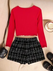 SHEIN Tween Girl 优雅红色修身圆领长袖罗纹针织金属金色套头 T 恤和黑白格子 A 字迷你裙套装，适合圣诞节、万圣节、休闲装、圣诞红、秋季装 - 紅色 - 查看 2