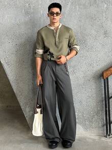 SWAVVY Men's Floral Print Casual Polo Shirt, Long Sleeve, Round Neck, Fall - Coffee Brown - View 1