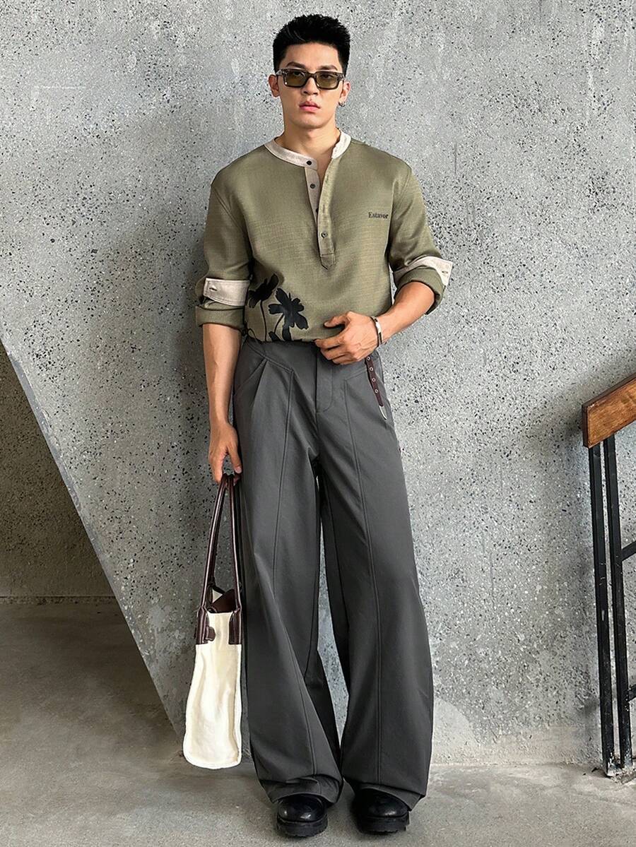 SWAVVY Men's Floral Print Casual Polo Shirt, Long Sleeve, Round Neck, Fall - Coffee Brown - View 1