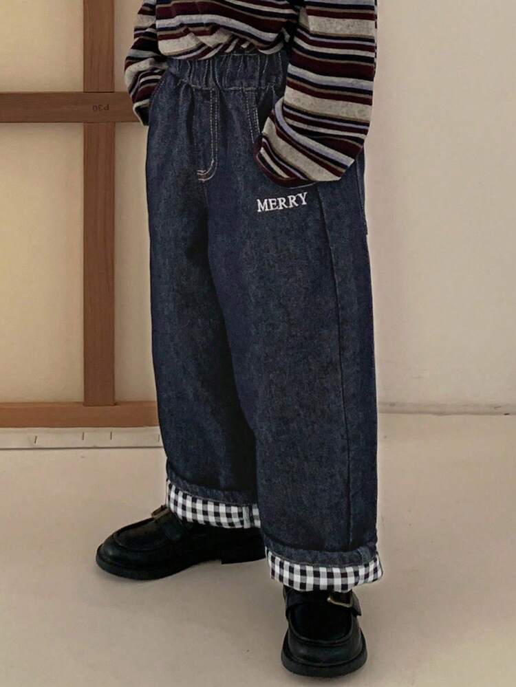 Toddler Boys' Loose Straight Leg Casual Jeans, Letter Embroidery & Plaid Patchwork, Autumn