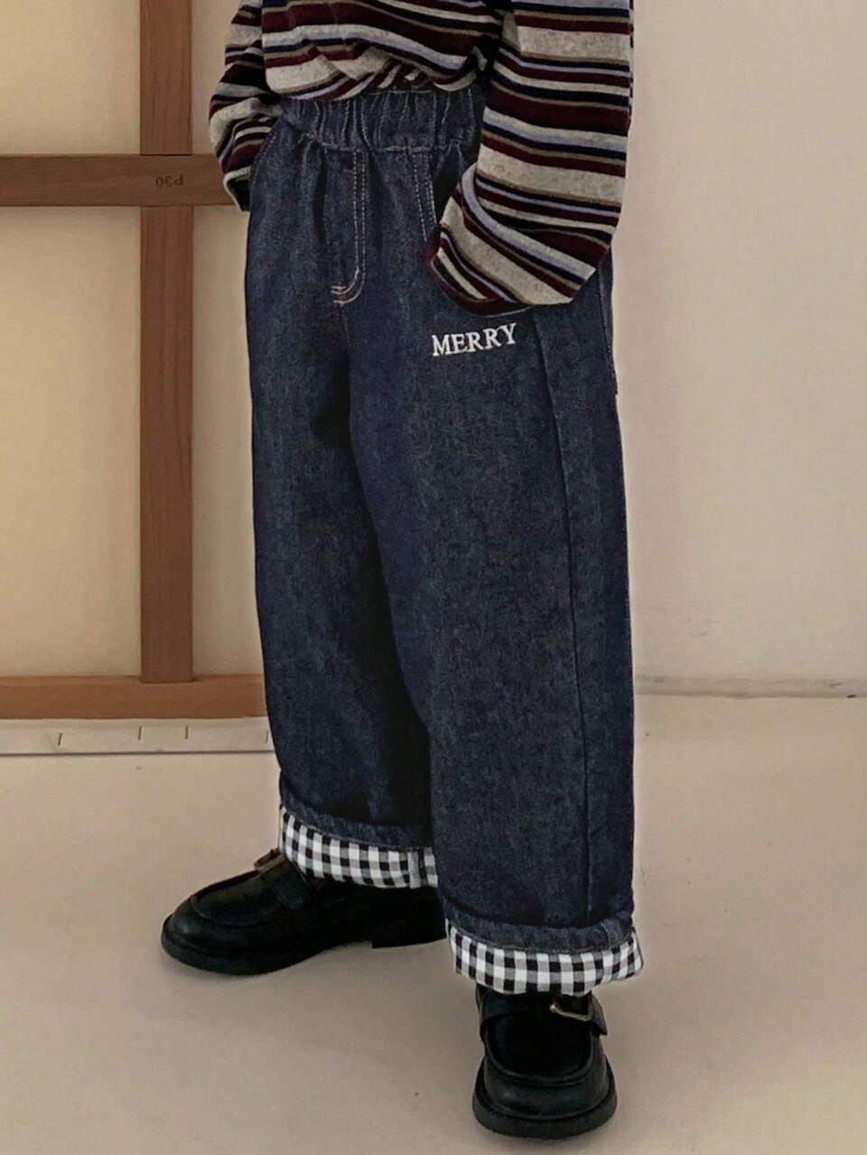 Toddler Boys' Loose Straight Leg Casual Jeans, Letter Embroidery & Plaid Patchwork, Autumn