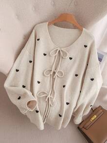 SHEIN CURVE+ Cardigan con motivo a cuore lavorato a maglia per donne taglie comode, maglione elegante alla francese, da indossare in autunno/inverno, fuori stagione