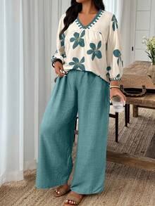Weeklong Plus Size Women Casual Loose Fitting Top And Wide Leg Pants 2 Pieces Set - Multicolor - View 1