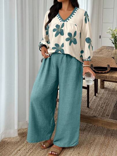 Weeklong Conjunto de 2 piezas de top holgado y pantalones de pierna ancha para mujer de talla grande