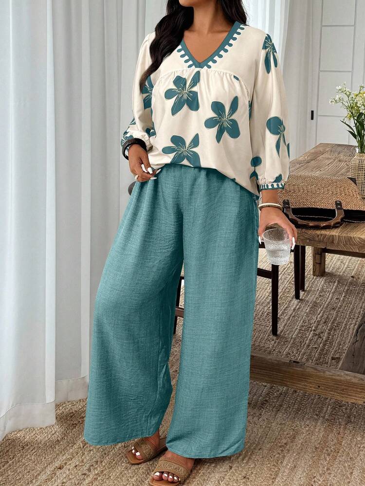 Weeklong Plus Size Women Casual Loose Fitting Top And Wide Leg Pants 2 Pieces Set - Multicolor - View 1