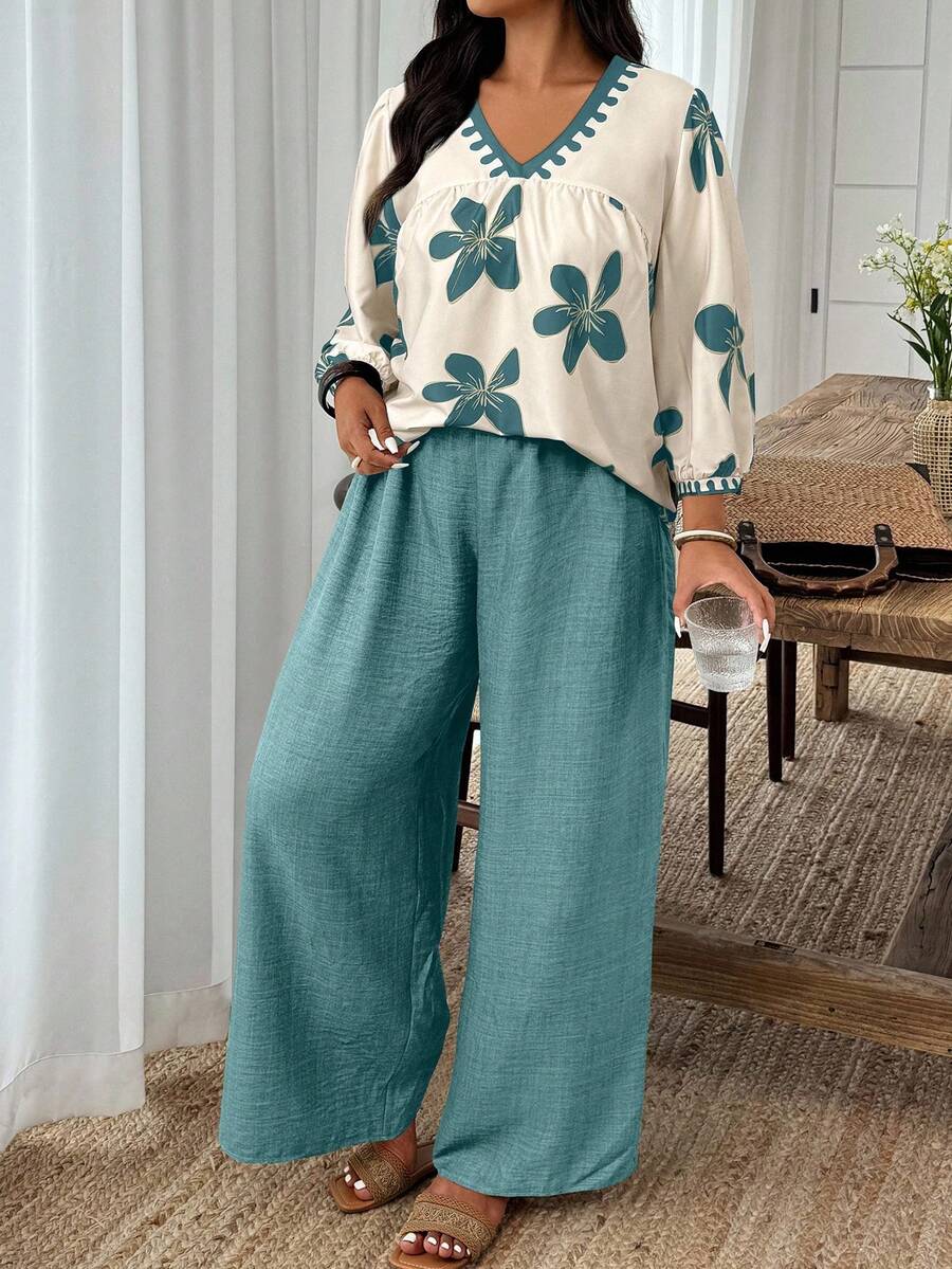 Weeklong Plus Size Women Casual Loose Fitting Top And Wide Leg Pants 2 Pieces Set - Multicolor - View 1