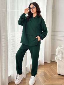 2pcs/Set Teen Girl Casual Loose Comfortable Hoodie And Pants Set, Versatile And Minimalist - Green - View 6