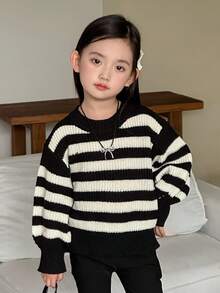 Dazy Kids Young Girls Crew Neck Striped Sweater, Fall Clothes - Black and White - View 2