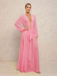Lumalex 女式超长连衣裙，搭配紧身裤、透视 V 领、泡泡袖、褶饰系带、可拆卸金属扣和超大裙摆 - 粉色 - 查看 6