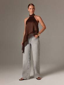 AiiRZ Women Sleeveless High Neck Lace Trim Asymmetric Satin Top Evening Party Fall Holiday Special Occasion Blouse Elegant Halter Tank - Coffee Brown - View 3