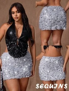 Rustia Plus Size Cute & Sweet A-Line Sequin Embellished Minimalist Skirt - Grey - View 1