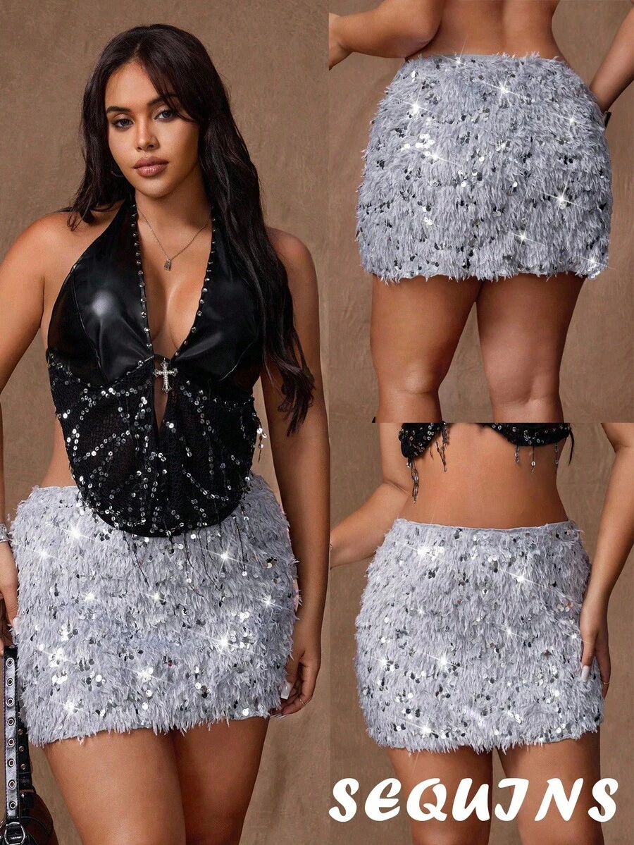 Rustia Plus Size Cute & Sweet A-Line Sequin Embellished Minimalist Skirt - Grey - View 1