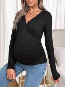 SHEIN Áo thun dài tay dáng ôm dáng đơn sắc dáng chéo cho bà bầu - màu đen - Xem 3