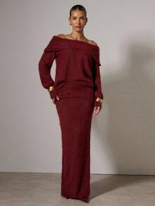 Women's Elegant Off Shoulder Long Sleeve Sweater And Knitted Midi Skirt 2 Pieces Set, Suitable For Daily Commute, Autumn/Winter Christmas 2 Piece Sets - Red - View 7