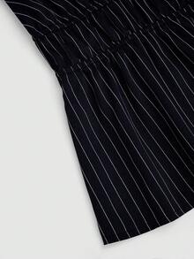 Sweetra Front Tie Deep V Slit Flare Sleeve Cinched Waist Fitted Brown & White Striped Casual, Commute, Date Night Elegant Relaxed Blouse Top, Plus Size - Navy Blue - View 5