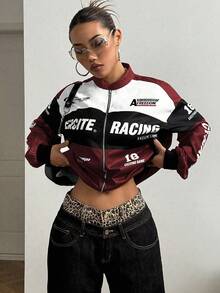 StreetHx Petite 字母印花撞色落肩飞行员夹克，适合新年服装 - 酒紅色 - 查看 7