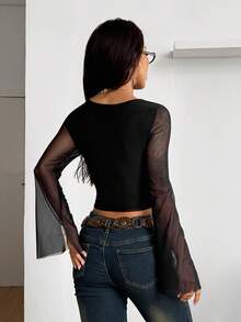 Coolane Women's Fall Streetwear Y2K Minimalist Basic Daily Wear Casual Stretchy Black Slim Fit Flare Long Sleeve Square Neck Crop Tops - Black - View 5