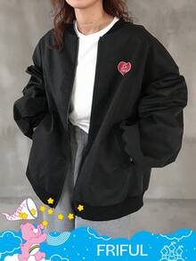 FRIFUL SHEIN X Care Bears 女士休闲时尚街头卡通熊印花落肩宽松夹克 - 黑色 - 查看 3