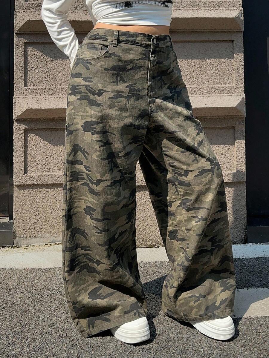 DAZY Camouflage Print Loose Wide Leg Street Style Long Jeans, All Season - Army Green - View 1