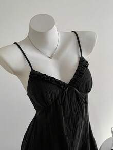 Comfortcana 女式休闲黑色细肩带迷你连衣裙，夏季 - 黑色 - 查看 5