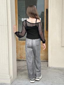 SHEIN Tween Girl 宽松街头时尚牛仔印花裤、编织网眼不对称镂空长袖上衣和吊带背心 3 件套，时尚