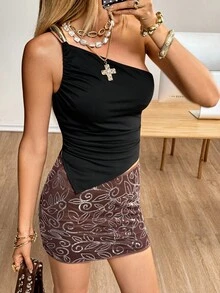 Siren Gaze 女式纯色不对称下摆无袖褶皱衬衫 - 黑色 - 查看 2