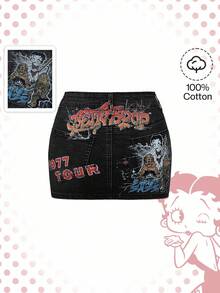Betty Boop | ROMWE Y2K 复古虎纹紧身迷你牛仔裙 - 黑色 - 查看 1