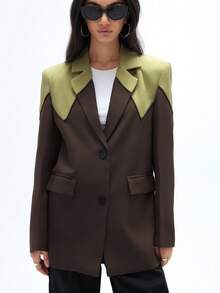 GENKIRA 女式现代设计拼色翻领拼布解构休闲长袖西装外套 - 彩色 - 查看 6