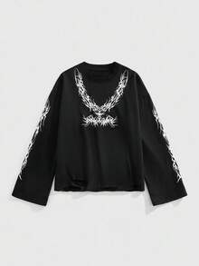 ROMWE MEN Goth Sudadera de cuello redondo de manga larga con estampado gótico para hombre, otoño - Negro - Ver 1