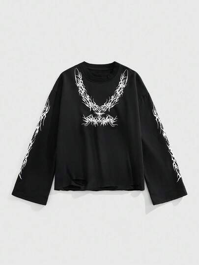 ROMWE MEN Goth Sudadera de cuello redondo de manga larga con estampado gótico para hombre, otoño