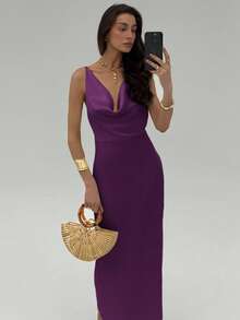 Aloruh 女式纯色简约无袖连衣裙 - 紫色 - 查看 7