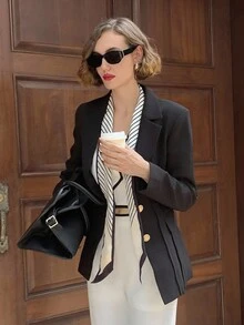 Briarwyn 女士纯色翻领长袖腰部修身优雅西装外套 - 黑色 - 查看 8