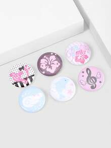 ROMWE Kawaii 6pcs Anime Badges With Flower, Wings, Music Notes, Polka Dots, And Stars Design