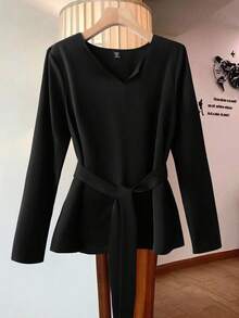 SHEIN Clasi Chemise à manches longues col V couleur unie pour femmes grandes tailles - Noir - Voir 1