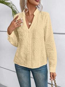 SHEIN LUNE 女士度假V领荷叶边袖刺绣镂空衬衫 - 卡其色 - 查看 6