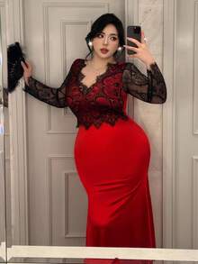 Flirla Vibekara Plus Size V-Neck Lace Sleeve Dress, Patchwork Fishtail Hem Fitted Long Dress, Fashionable Romantic Sexy Elegant Vintage Dress Suitable For Daily, Festivals, Parties, Events, Dates Fall Cloth For Women