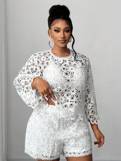 Maweii This Elegant White Lace Floral Plus-Size Blouse Is Perfect For Spring, Autumn, New Year, And Christmas. Ideal For Holiday Wear, Summer, Parties, And Floral Outfits.