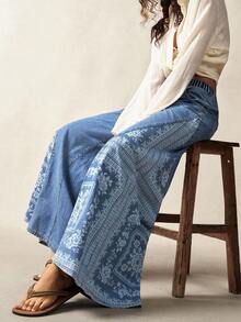 Bohemela Plus Size Women Floral Pattern Pocketed Wide Leg Casual Jeans, Back To School, Vintage, Fall Women Clothes - Blue - View 4