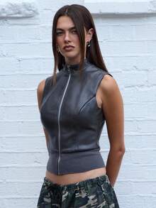 COUREZ Faux Leather Zip Up Vest /Y2K  Women Clothes  Clothes Cute Tops Going Out Top Spring Jacket Elegant - Black - View 6