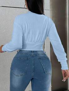 Zolique Áo khoác thường ngày tay dài trễ vai màu trơn, cài khuy đơn dành cho nữ, mùa thu - Màu xanh nhạt - Xem 2