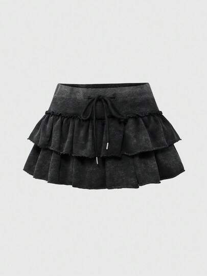 Plus Size Grunge Punk Music Festival Fashion Washed Sports Fabric Ruffle Hem Mini Skirt, Autumn Plus Size Women Street Wear, Autumn/Winter Plus Size Black Bodycon Skirt For Party, Plus Size Women Skirt