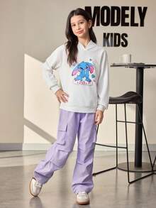 2pcs/Set Tween Girls Letter Print Hoodie Sweatshirt,Purple Cargo Pants Casual Street Style Outfit,Autumn Winter Back-To-School School Kids Loungewear - Multicolor - View 5
