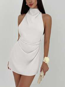 Aloruh Minimalist Backless Tie-Up Pleated Mini Apricot Dress For Women,Elegant Dresses For Women,Dresses For Women Party