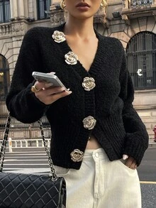 Strévra 女式V领玫瑰图案纽扣开衫，秋季 - 黑色 - 查看 4