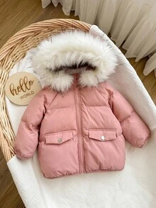 SHEIN Babygirl 可爱百搭粉色保暖羊毛连帽棉衣，秋冬 - 藕粉色 - 查看 7