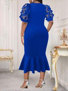 Hourglow 2025 New Spring And Summer Royal Blue Elegant Commuting Office Wedding Cocktail Party Concert/Music Festival Navy Blue Knitted Overlap Collar Mermaid Belted Midi Short Sleeve Plus Size Dresses Party Dress New Year Dress New Year Women New Year Women's Outfit Going Out Dress Going Out Outfits Going Out Outfit Elegant Dress For Women Elegant Dress Elegant Party Dresses, For Hourglass Body Shape - Royal Blue - View 2