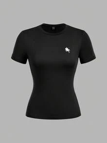 SHEIN EZwear 2pcs Casual Minimalist Black & Navy Blue Short Sleeve Crew Neck Basic T-Shirts With Pony Print, Suitable For Spring/Summer - Multicolor - View 5