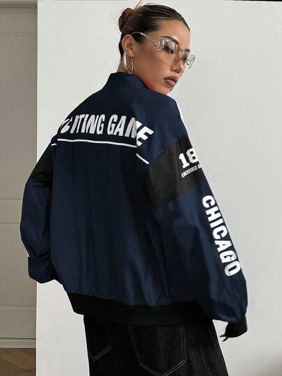 StreetHx Petite Letter Print Contrast Color Drop Shoulder Bomber Jacket For New Year Clothes ,Petite Women
