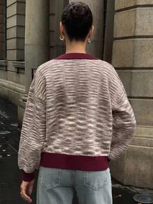 DAZY Pull décontracté à col V bicolore pour femmes, automne - Tabac - Voir 2