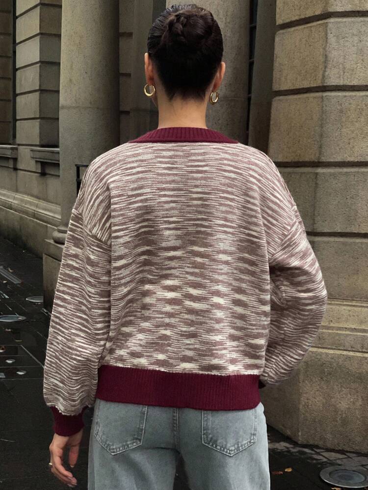 Women's Casual Contrast Color V-Neck Sweater, Autumn